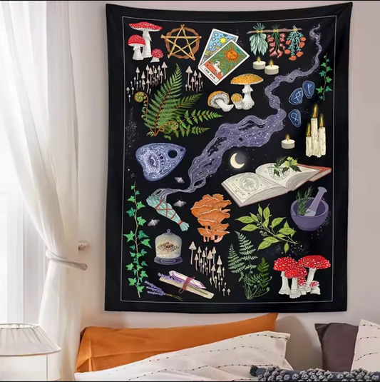 Mystic Mushroom & Tarot Tapestry – Witchy Wall Hanging Decor